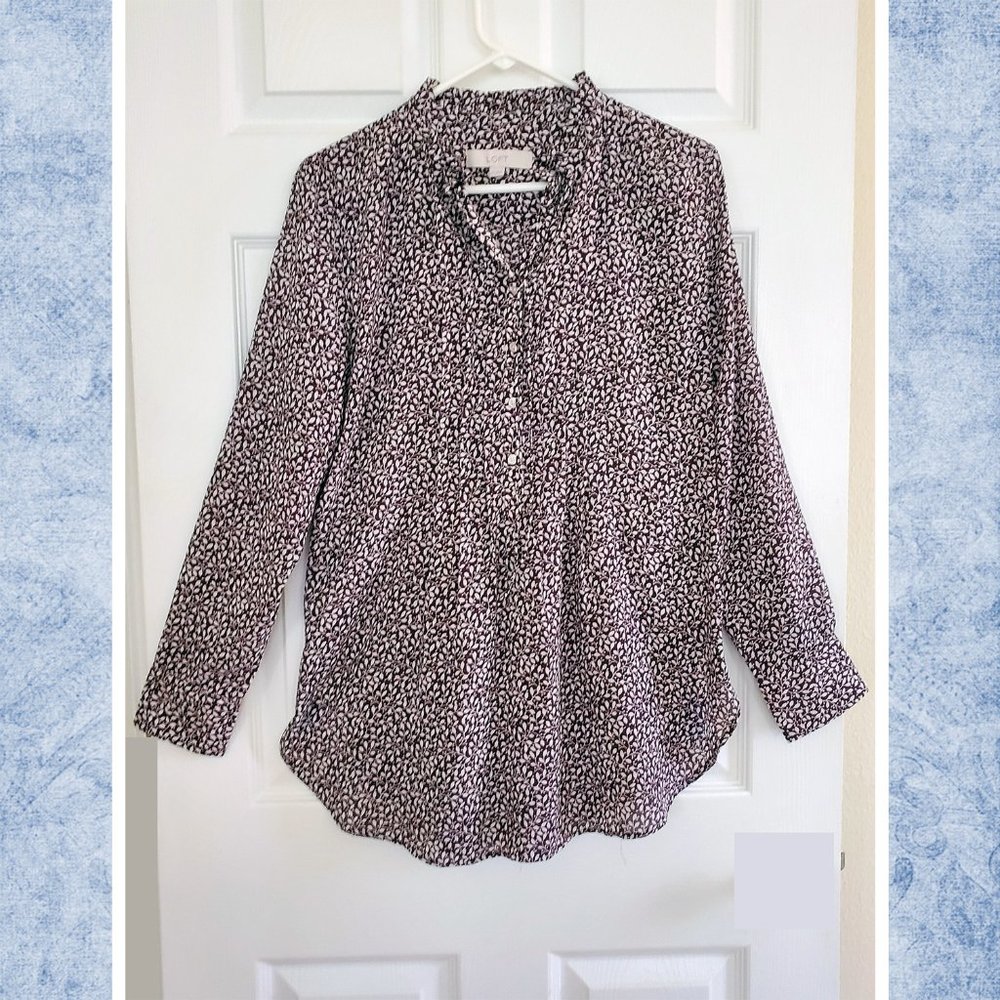 LIKE NEW Loft Floral Tie Neck Blouse Tunic Length